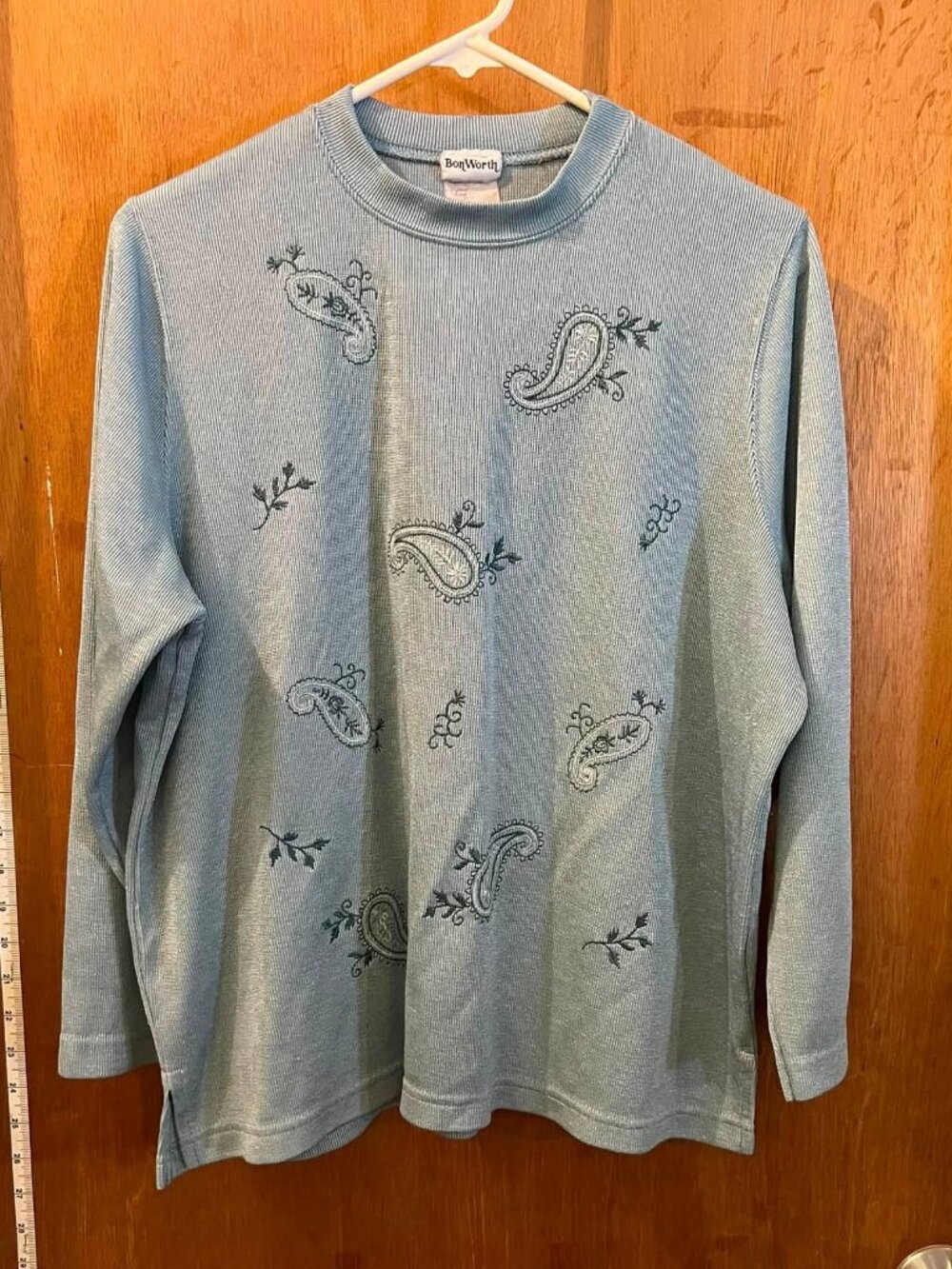 🐻Size L - Bon Worth - Petite Blue Long Sleeve Sweater w/Paisley Design